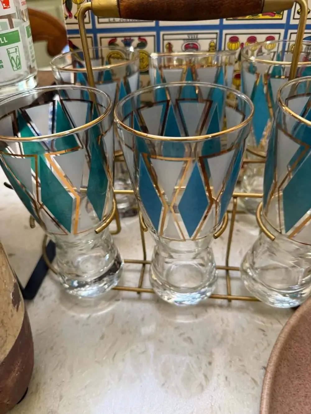 Libbey MCM Emerald Blue 22-Karat Gold Pilsner Glasses with Caddy